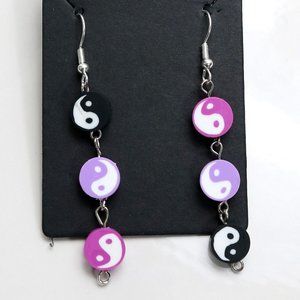 Purple Yin Yang Beaded Earrings Clay Retro Gothic 90's Hippie Witch